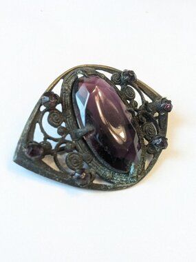 Vintage 1930s Art Deco Filigree Brooch - Purple Amethyst Glass Statement Pin